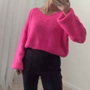 Krótki  Sweter z Obniżoną Linią Ramion Fuksja